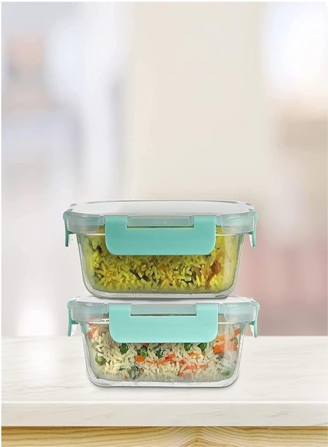 SIMPARTE 370ml Rectangular Borosilicate Glass Food Storage Containers with Detachable Airtight Leak-Proof Blue Lids - Set of 2 | Microwave, Freezer & Dishwasher Safe | Transparent Lunch Boxes - Image 3